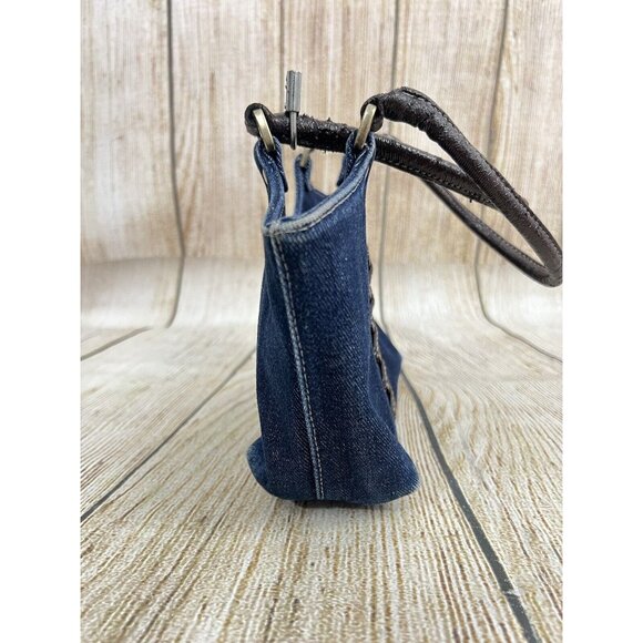 Vtg Y2K Small Denim Handbag Faux Leather Lace Up Front Blue Jean Shoulder Bag - Picture 6 of 15